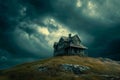 A photograph capturing a house sitting atop a hill, set against the backdrop of a cloudy sky, Haunted house on top of a hill under Royalty Free Stock Photo