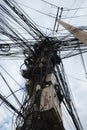 A photograph capturing a massive network of tangled electric cables, illustrating the chaotic nature of urban electric networks in