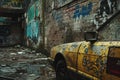 A photograph capturing the rundown state of a street covered in graffiti, displaying the harsh reality of urban decline, A gritty Royalty Free Stock Photo
