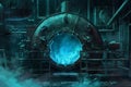 A photograph capturing a sizeable metal machine situated in a room engulfed in smoke, Artistic representation of an autoclave, AI Royalty Free Stock Photo