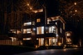 A Photograph capturing the sleek lines and contemporary design of a modern house exterior, adorned with dazzling lights, on New