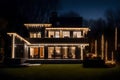 A Photograph capturing the sleek lines and contemporary design of a modern house exterior, adorned with dazzling lights, on New