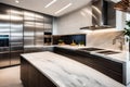 A photograph capturing a sleek, minimalist modern kitchen bathed in natural light,