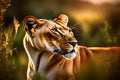 A Photograph capturing the untamed beauty of a lioness, as her piercing gaze meets the golden rays of a setting sun, exuding