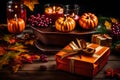 A Photograph capturing the vibrant array of Thanksgiving gifts, beautifully presented with a touch of elegance and gratitude