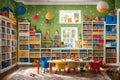 A Photograph capturing the vibrant energy of a kids study room with walls adorned in playful patterns