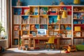 A Photograph capturing the vibrant energy of a kids study room with walls adorned in playful patterns