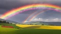 A Photograph capturing the vibrant interplay of colors in a rainbow