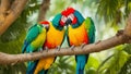 A photograph capturing the vibrant plumage of a family of colorful parrots