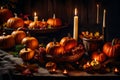 A Photograph capturing the warmth of Thanksgiving decorations with a rustic twist, showcasing a cozy autumnal scene filled with