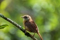 A photograph of a Carolina Wren perched on a branch against a blurred green background. Royalty Free Stock Photo