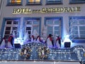 Photograph of the Christmas decorations on the three star hotel Cathedral in Paris