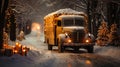 A photograph of a Christmas truck shrouded in a soft light of lanterns traveling along secluded ro Royalty Free Stock Photo