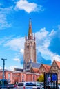 The Church of Our Lady Bruges tower with beautiful blue sky Royalty Free Stock Photo