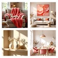 Cozy Living Room and Dining Space Collage with Warm Red and Pink Accents Royalty Free Stock Photo
