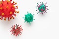 A photograph of a collection of four colorful 3D Virus artwork model forms inspired by the Covid-19 lockdown of 2020