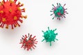 A photograph of a collection of four colorful 3D Virus artwork model forms inspired by the Covid-19 lockdown of 2020