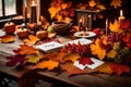 A Photograph of colorful autumn foliage surrounding a rustic table set with Thanksgiving cards. The cozy ambiance invites