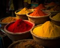 Photograph of The colourful spices. A bunch of bowls filled with different colored powders.