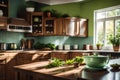 A Photograph of a cozy kitchen interior with a soothing light green color scheme,