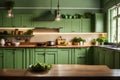 A Photograph of a cozy kitchen interior with a soothing light green color scheme,