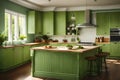 A Photograph of a cozy kitchen interior with a soothing light green color scheme