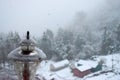 Crystals of Snow over Golden Lamp with Ongoing Snow Fall - Snow Particles in Air Royalty Free Stock Photo