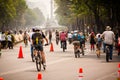 Photograph of cyclists at Mexico City. Angel behind