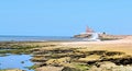 Dangerous Rocky Sea Shore with Temple at Distance - Indian Beach Landscape - Arabian Sea, Chorwad, Gujarat, India
