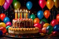 A photograph of an exuberant birthday celebration with a towering cake aglow in vibrant candles, surrounded by cascading balloons