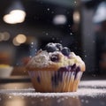 Blueberry muffin on a table in close-up.