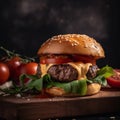 Hamburger and tomatoes on a table close-up.