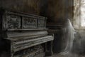 A photograph featuring an aged piano covered by a delicate veil, A ghostly musician forever playing the last notes on a forgotten Royalty Free Stock Photo