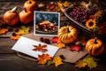 A photograph of festive Thanksgiving cards neatly arranged in a rustic setting, beckoning with ample copy space for heartfelt