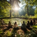 A photograph of a group of people meditating together, symbolizing inner peace and mindfulness.