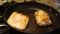 Halibut steak cooking in a pan on the stove. Royalty Free Stock Photo