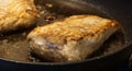 Halibut steak cooking in a pan on the stove. Royalty Free Stock Photo