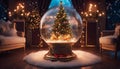 photograph of Interior christmas. magic glowing tree, fireplace, in a snow globe with star on top Royalty Free Stock Photo