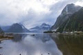 Photograph looking into Milford Sound from the boat harbour on the South Island of New Zealand