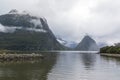 Photograph looking into Milford Sound from the boat harbour on the South Island of New Zealand
