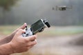 Photograph of man`s hands holding the remote control of a Drone, Drone Operator . Technology concept. man is having fun with Royalty Free Stock Photo