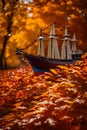 A Photograph of a meticulously crafted model ship sailing through a sea of vibrant autumn leaves, capturing the essence of time
