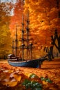 A Photograph of a meticulously crafted model ship sailing through a sea of vibrant autumn leaves, capturing the essence of time