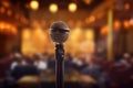 A photograph with the microphone in focus above the lecture hall lectern. Generative AI