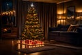 A Photograph of a modern living room adorned with a Christmas tree,