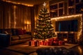 A Photograph of a modern living room adorned with a Christmas tree, casting a warm glow on a cozy space filled with cherished