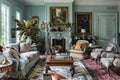 A photograph of an old New Orleans home, with pastel blue walls and vintage art and antiques scattered around the room Royalty Free Stock Photo