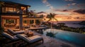 Photograph an opulent villa escape: infinity pool vistas, panoramic landscapes, lavish interiors, elite amenities, secluded