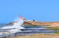 Orange Colored Hindu Temple at Coastal Beach with High Rising Ocean Waves - Arabian Sea, Chorwad, Gujarat, India