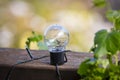 Photograph of an ornamental light globe on a wooden deck of a residential house